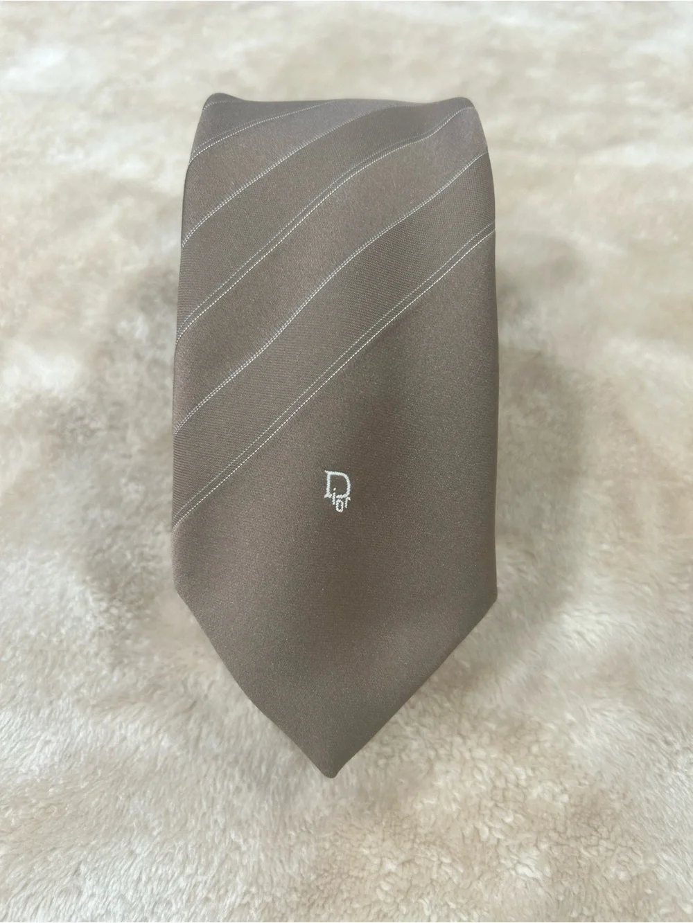 Christian Dior Vintage Striped Tie Brown Silver Logo Quiet Luxury Necktie dad
